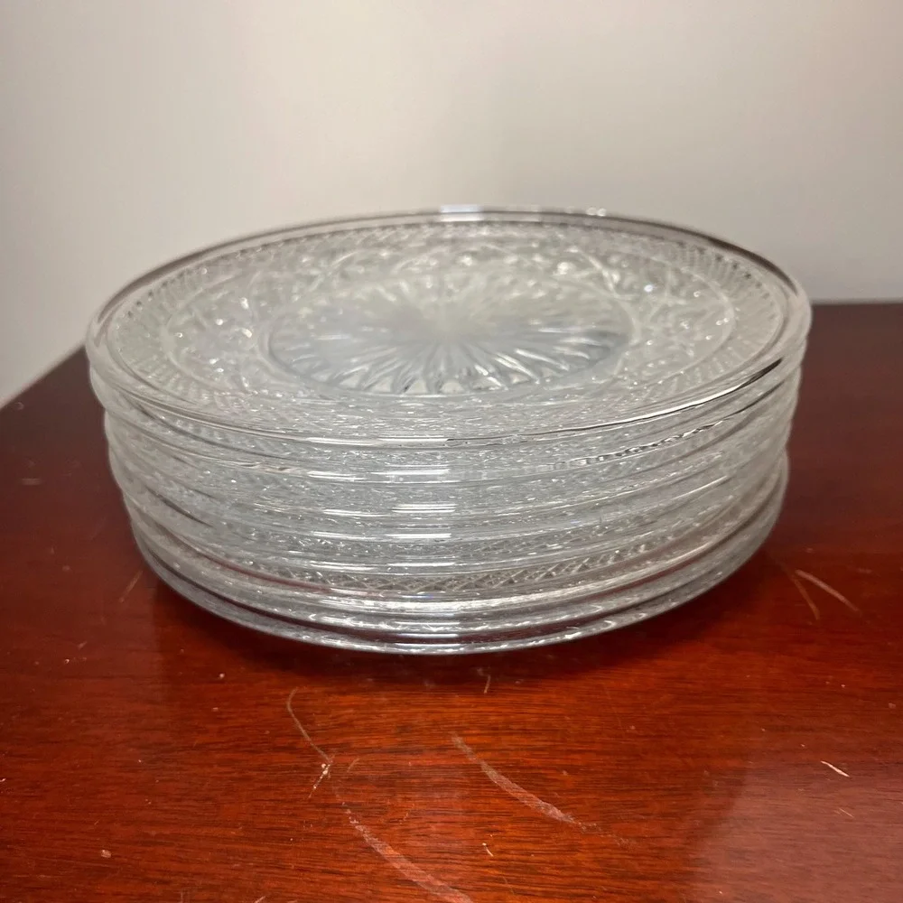 Vintage Clear Glass Salad Plates Set of 8 Starburst Diamond Dessert Plates